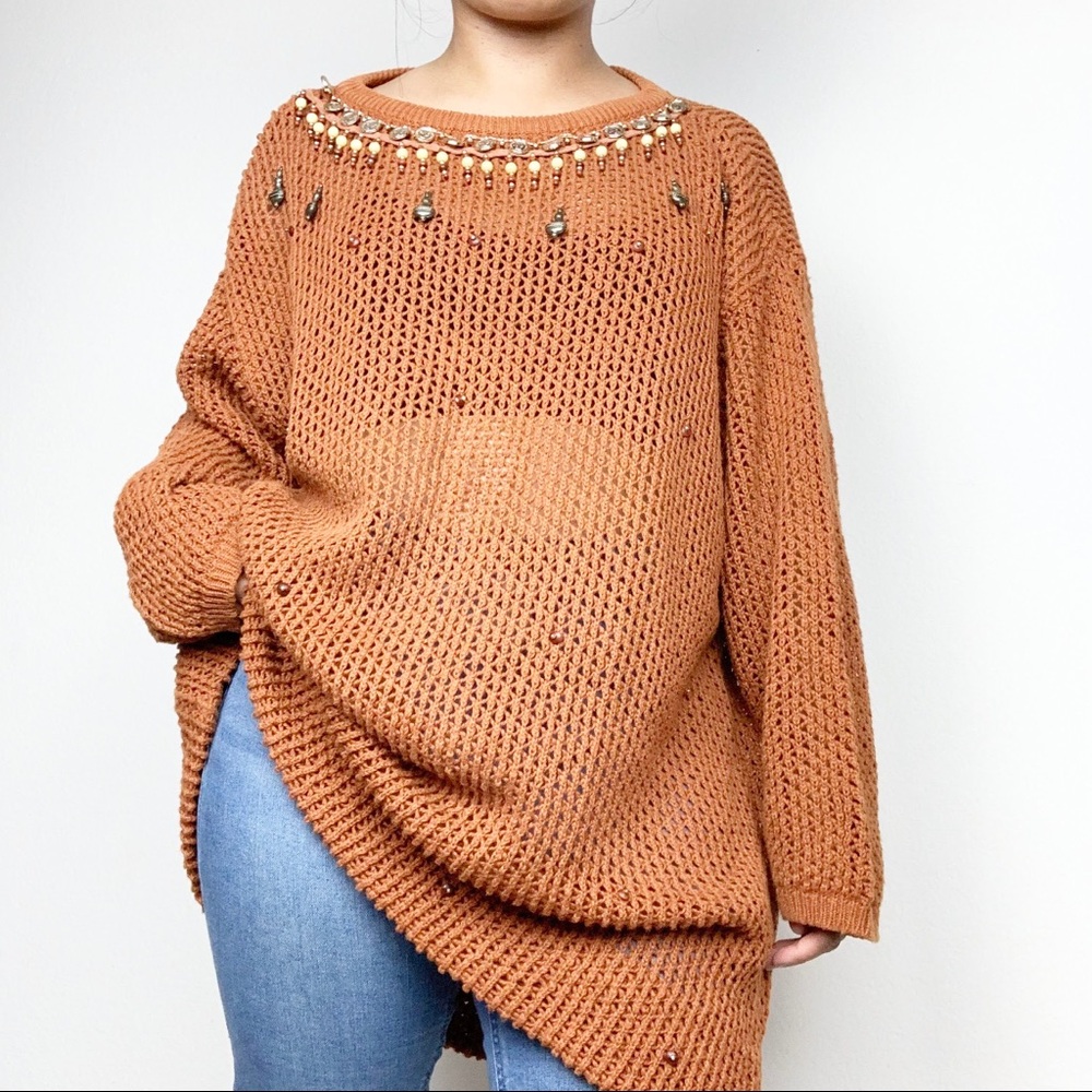 Vintage Liz Claiborne Brown Beaded Crochet Sweater